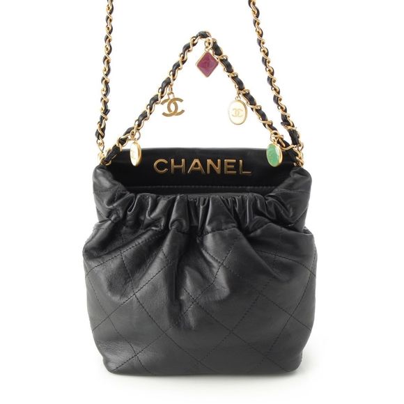 Chanel Lambskin 22 Icon Charm Matelasse Drawstring Shoulder Bag As3793 Black - Picture 1 of 10